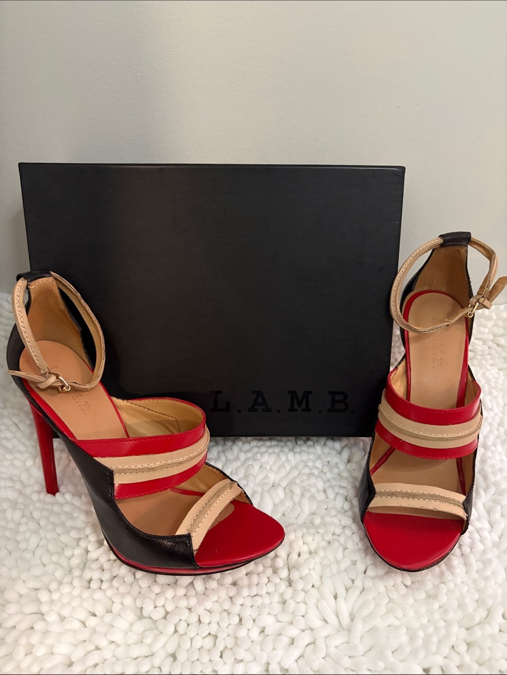 L.A.M.B. Red Black Tan Colorblock Strappy Stiletto Sandals